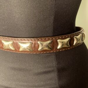 Brown Leather Belt with solid brass buckle and studs women’s small